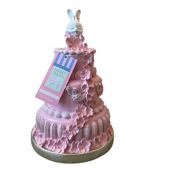 Sweet Treats 13in Pink Floral Easter Bunny Faux Cake with Macaroons Decor NEW - Picture 2 of 16